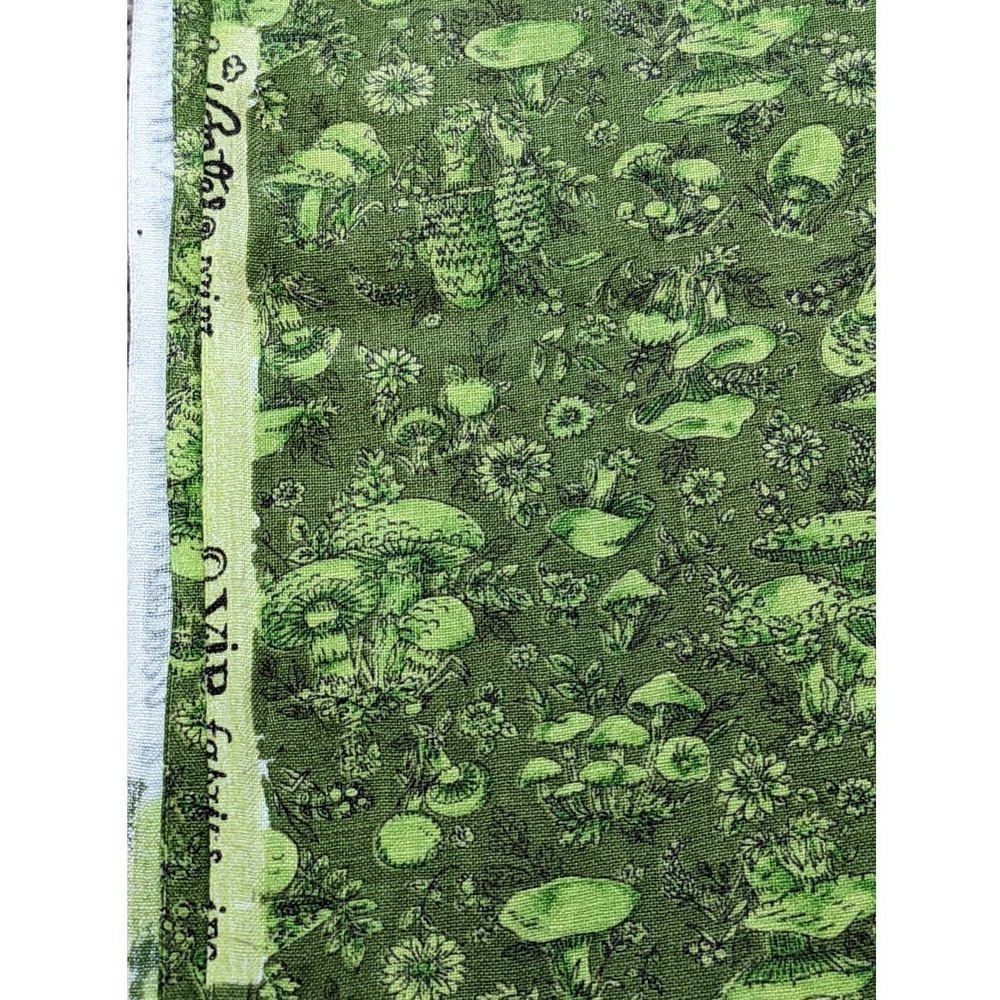 Vintage 1970's Mushroom Fabric Avocado Green Cottagecore Funky Calico Print 3yd - Picture 7 of 10